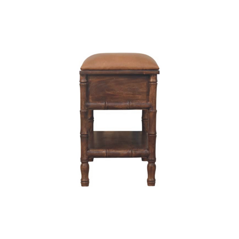 Artisan Furniture Solid Wood Upholstered Bamboo Carved Storage, 2 Drawers, 1 Shelf, Brown