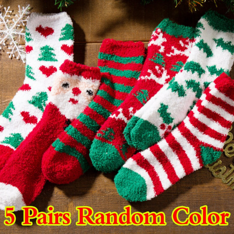 5 Pairs Christmas Soft Ladies Fluffy Lounge Cosy Bed Socks Winter Warm Gift Bag