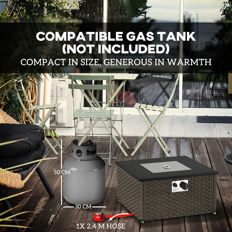 Outsunny 13 KW Rattan Gas Fire Pit Table, Propane Fire Pit for Garden, Grey