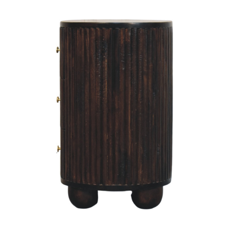 Artisan Furniture Solid Wood Curved Fluted Bedside, 3 Drawers, Dark Brown
