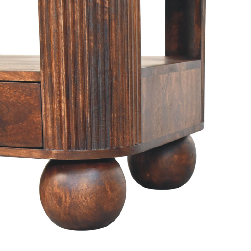 Artisan Furniture Solid Wood Sphere Leg Coffee Table, 2 Drawers And Open Slot, Dark Brown