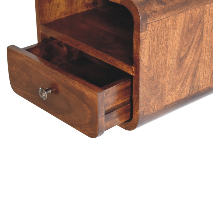 Artisan Furniture Solid Wood Extra Mini Wall Mounted Curved Chestnut Bedside with Open Slot