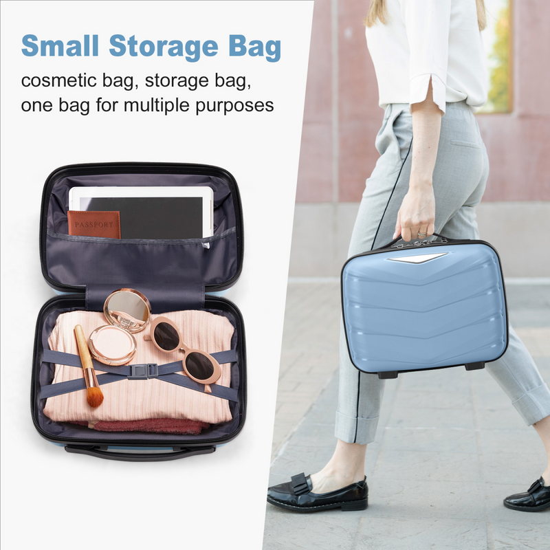 V-shaped stripes 2-piece set with PP handbag PP trolley case 14in 20in PP iron trolley fashionable color - sky blue (grain pattern)
