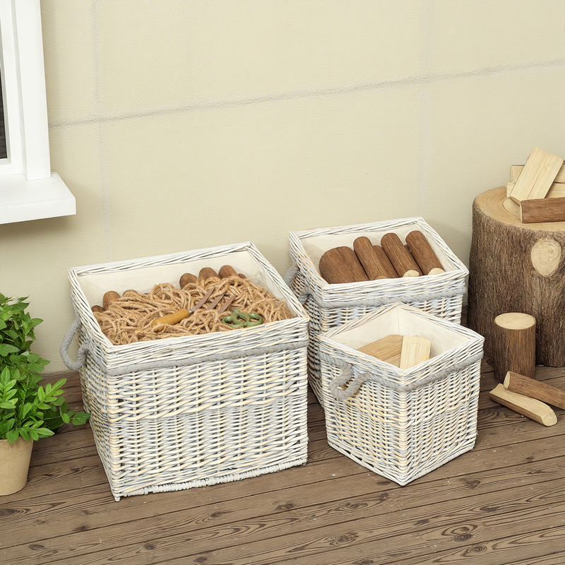 Outsunny Set of 3 Wicker Log Basket with Liner and Rope Handles, Beige