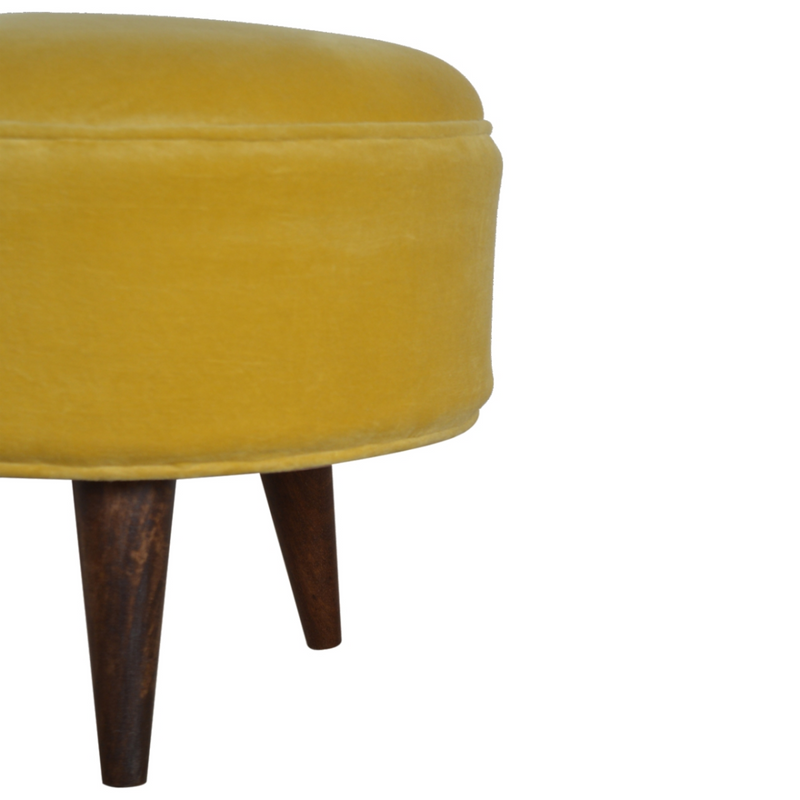 Artisan Furniture Solid Mango Wood Mustard Velvet Nordic Footstool