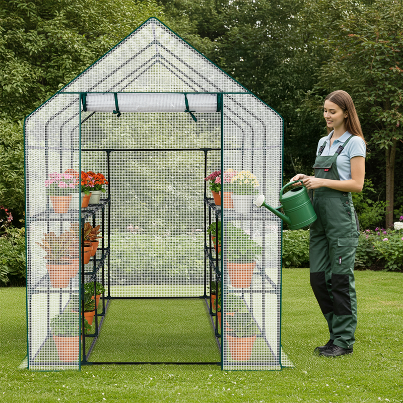 Mini Walk-in Greenhouse with PE Cover, 8-Shelf Indoor Outdoor Plant Gardening Green House for Garden Backyard, 56" x 56" x 77", White