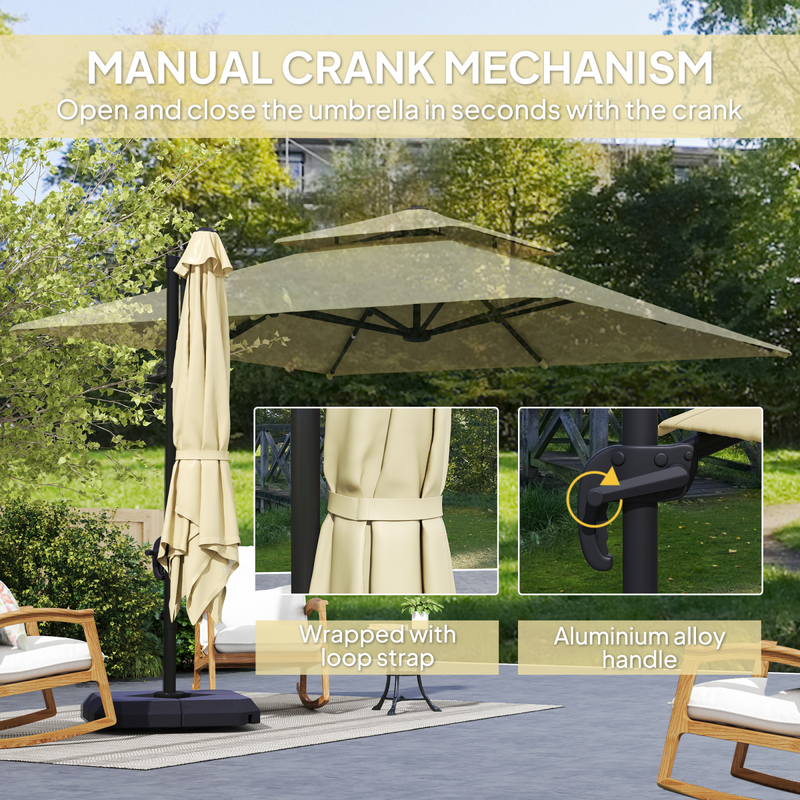 Outsunny 360° Cantilever Parasol Roma Umbrella w/ Base Weights, Khaki