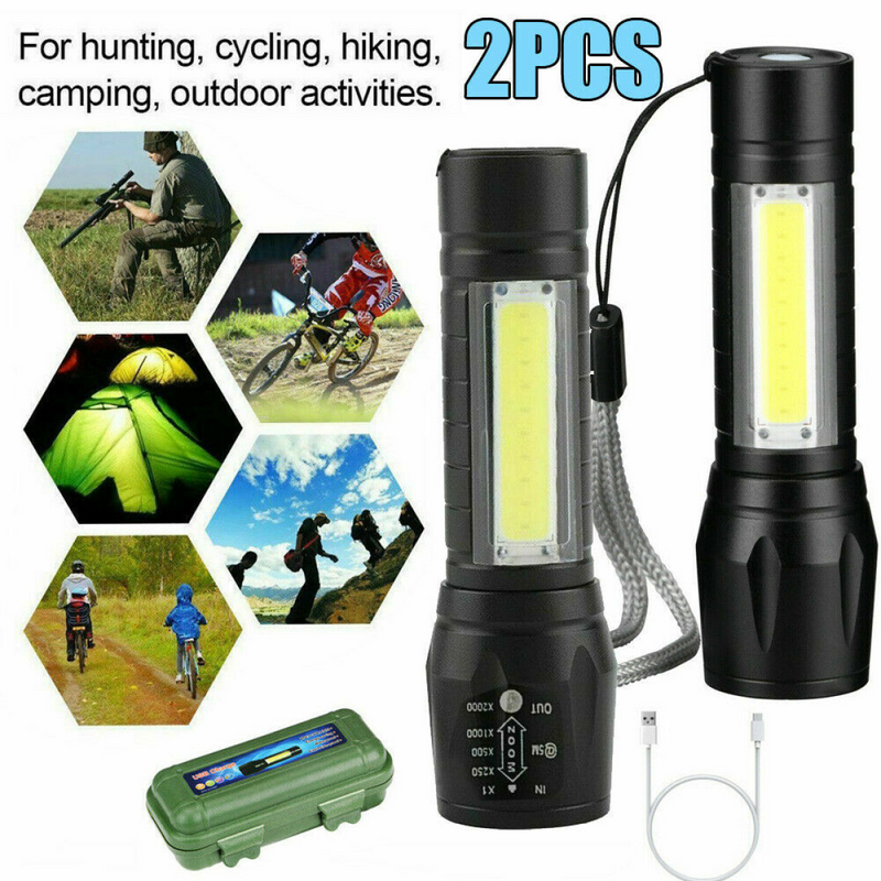 2Pcs Mini Zoomable LED Flashlight USB RechargeableCamping Hiking Flashlight Work light