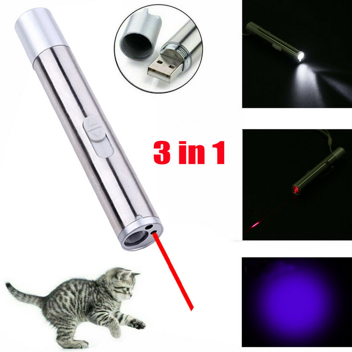 2PCS 3 in1 1mw USB Rechargeable Pet Toy Pen Flashlight Red laser Beam UV Light 3-Modes Lamp