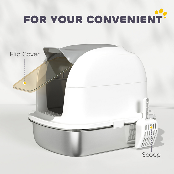 PawHut Stainless Steel Cat Litter Tray with Lid