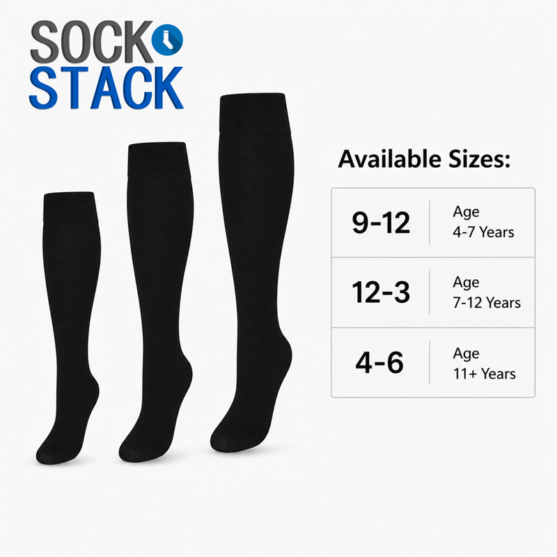 12 Pairs Girls Cotton Rich Long School Socks Durable Comfortable Breathable Sculpted Heels and Toes Sizes 9-12 12-3 4-6 Navy Grey Black White by Sock Stack