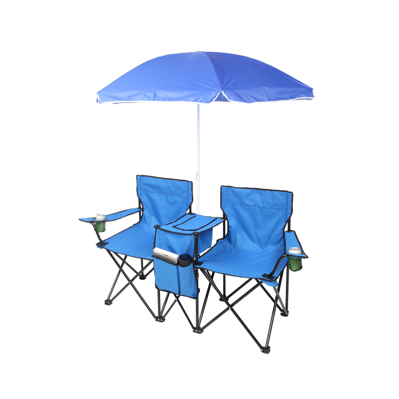Portable Outdoor 2-Seat Folding Chair with Removable Sun Umbrella Blue
