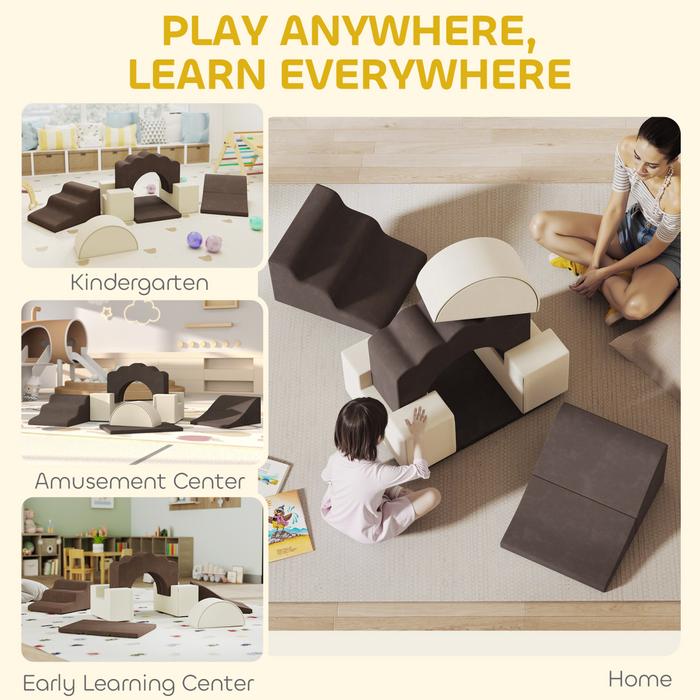 AIYAPLAY Kids Soft Play Set, 7 Piece Foam Climbing Blocks, Brown