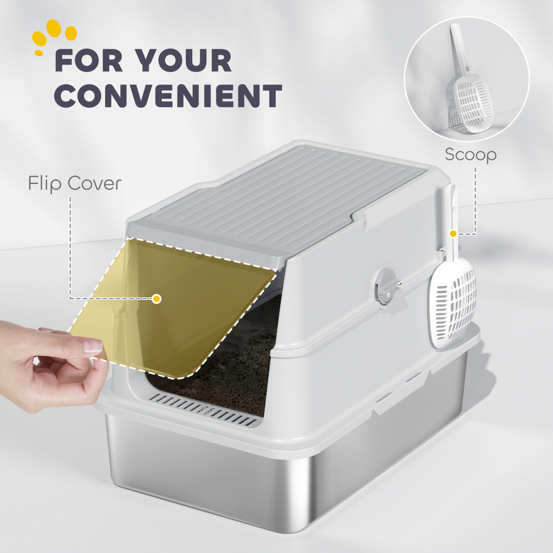 PawHut Extra Large Stainless Steel Cat Litter Tray with Scoop, Flip Top