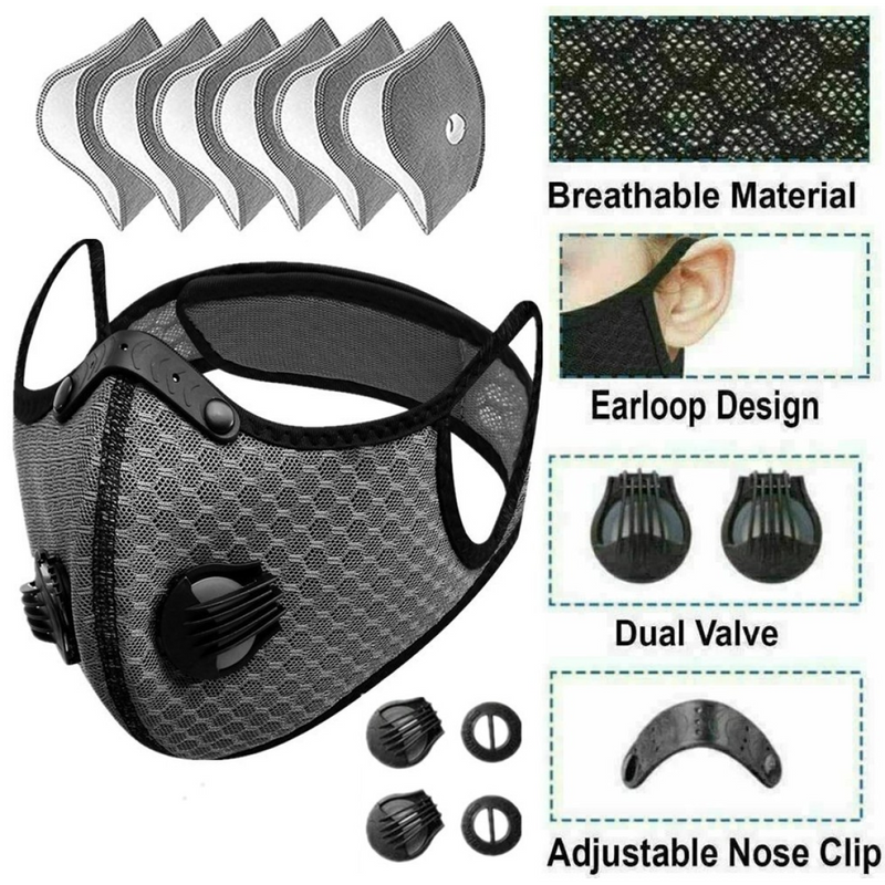（2 Pack）Reusable Half Face Cover Mask w/ Filter Cycling Outdoor Sport Face Mask Grey