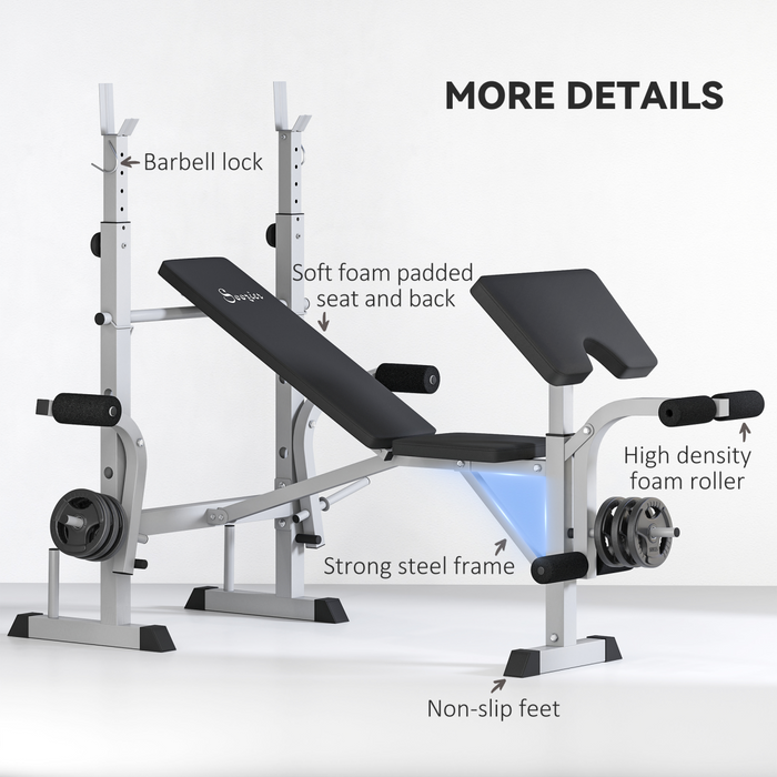 HOMCOM Adjustable Weight Bench with Squat Rack, Leg Developer, Grey