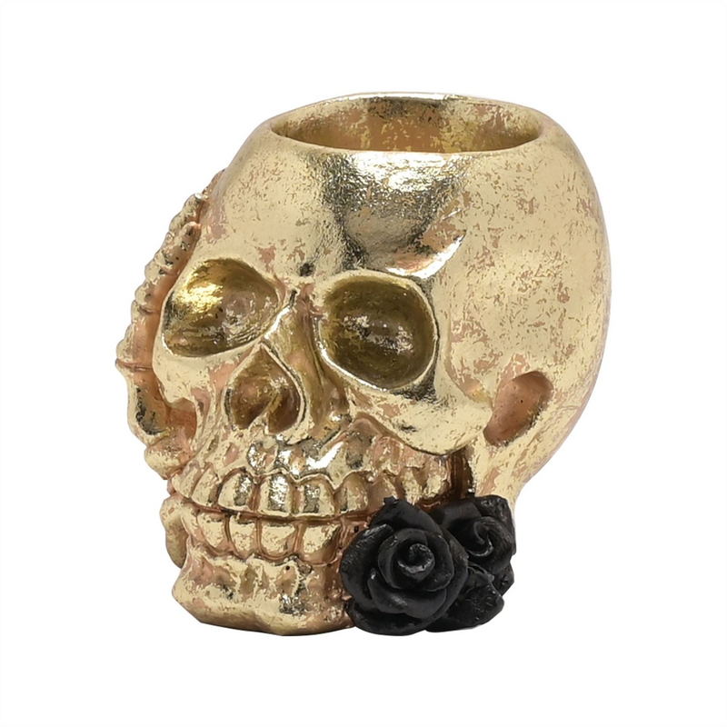 Gold Skull with Black Rose Tealight Holder