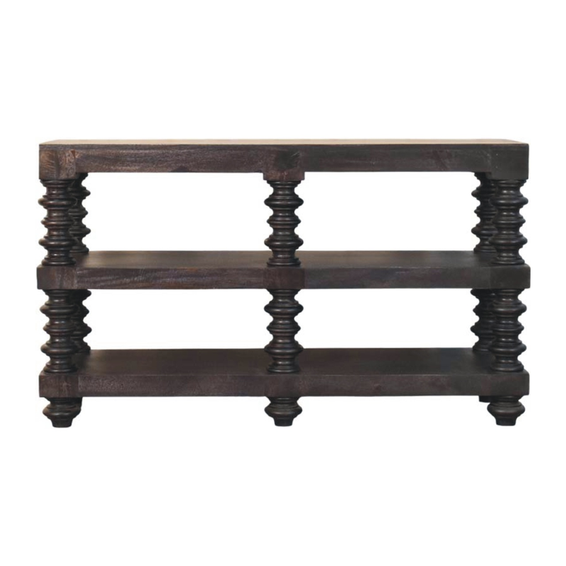 Artisan Furniture Solid Wood Spindle Shelf Console in Carbon Ash, 2 Open Slots, Dark Brown