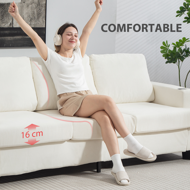 HOMCOM 3 Seater Sofa, Fabric Sofa with USB Ports and Cup Holders, Cream