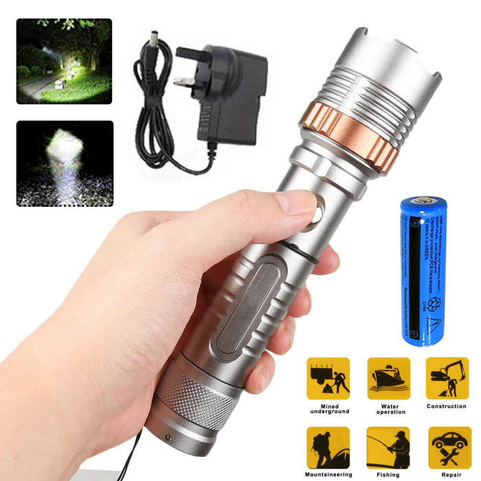 Rechargeable LED Flashlight Lamp 5-Modes Zoomable Hiking Camping Outdoor Torch +Battery+Charger