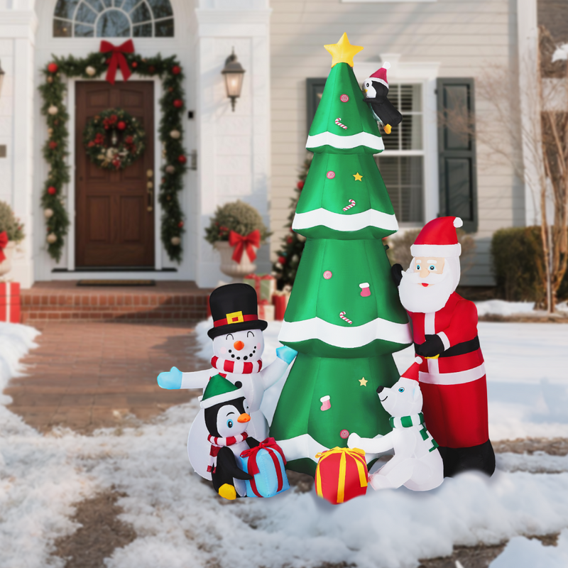 2.25M Lighted Christmas Inflatable Decoration, Inflatable Christmas Tree with Santa and Snowman, Funny Blow Up Yard Decorations with Built-in LED Lights for Holiday Party Front Yard Lawn Garden Decor
