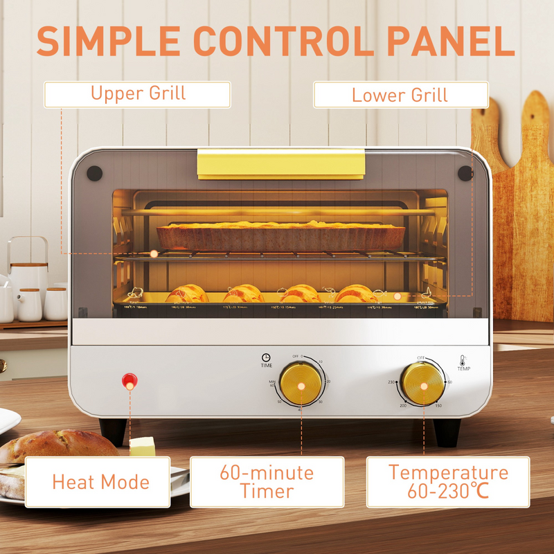 HOMCOM Small Toaster Oven, 12L Mini Countertop Oven with Glass Door, White
