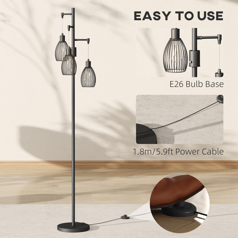 HOMCOM Industrial 3-Light Floor Lamp Dimmable LED Standing Lamp, Black