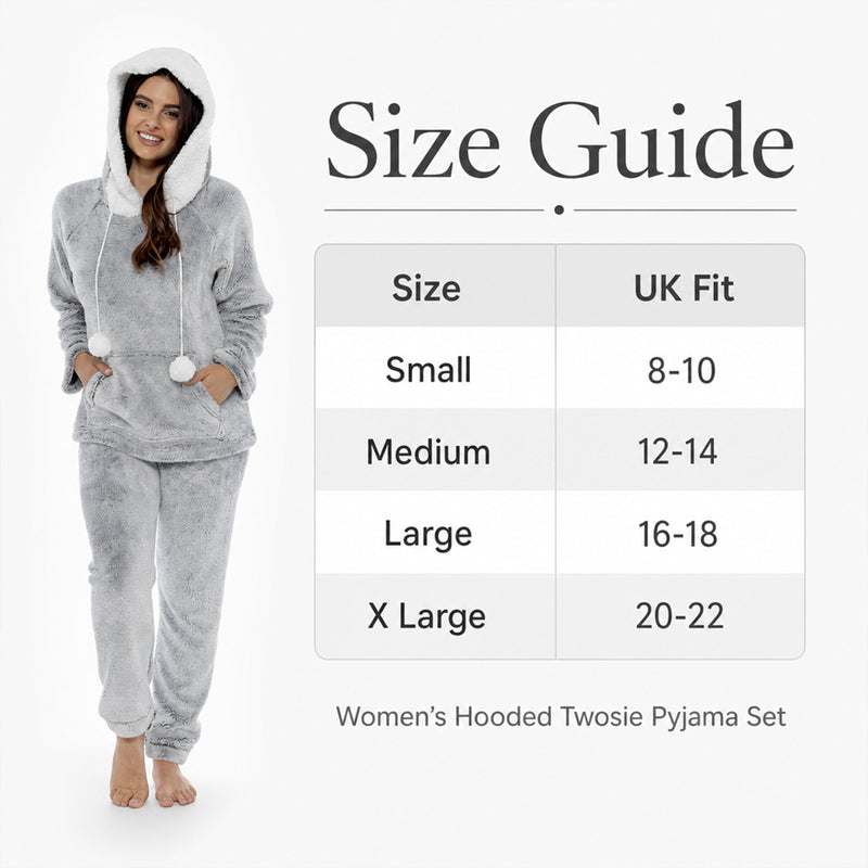 Women's Plush Fleece Hooded Pyjama Set Shimmer Grey Super Soft Fabric Elasticated Waistband Sherpa Edging Cozy Sleepwear Small to X Large by Daisy Dreamer