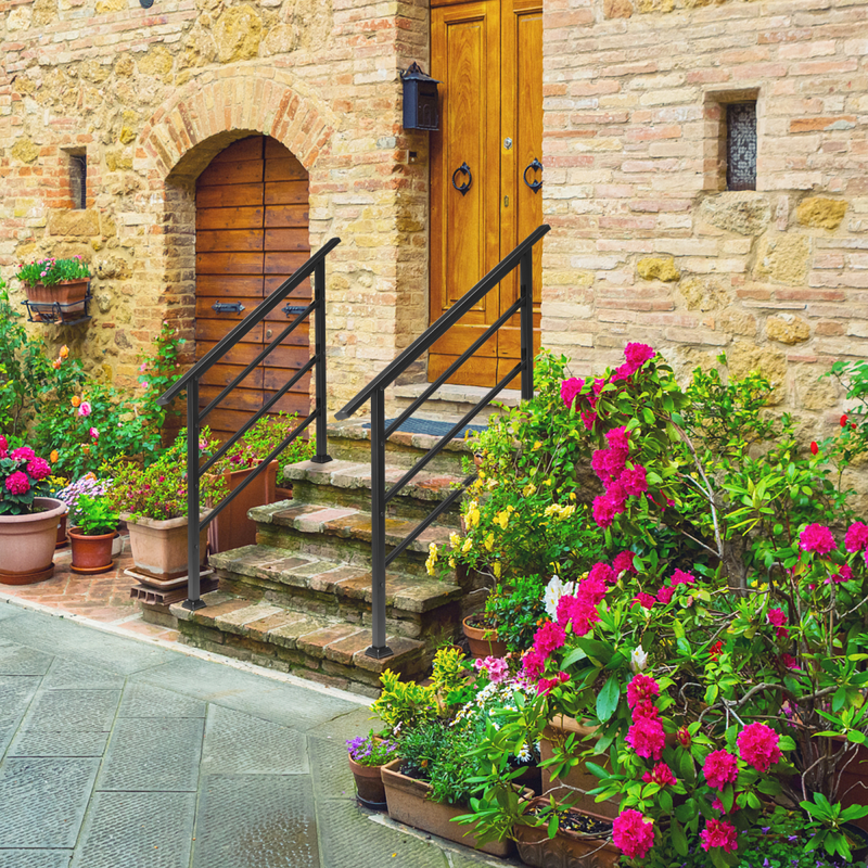 [Same Code：04286986]Handrails for Outdoor Steps, Wrought Iron Handrail Fits 1 to 4 Steps, Transitional Handrail with Installation Kit, Black