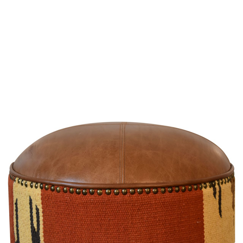 Artisan Furniture Solid Wood Durrie & Leather Mixed Footstool