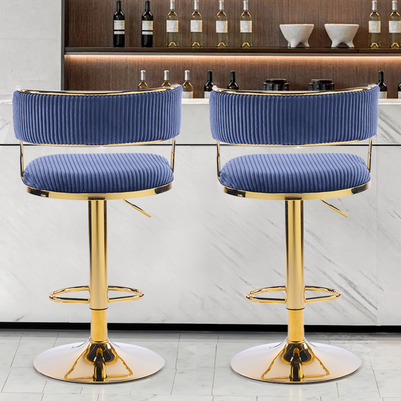 2pcs Blue Corduroy Swivel Bar Stools with Gold Plated Trumpet Base and Height Adjustable Gas Lift