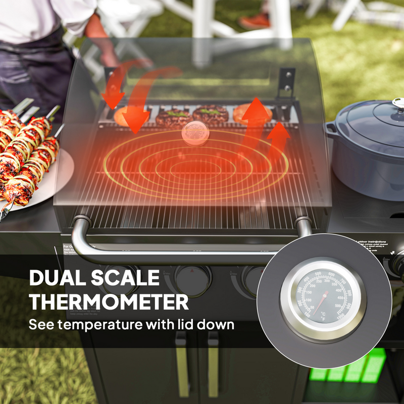 Outsunny 9.5 kW Gas Barbecue with 3+1 Burner, Storage Cabinet and Shelves