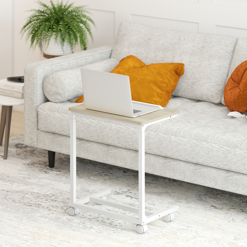 HOMCOM C-Shaped Sofa Side Table, Height Adjustable Overbed Table, Oak