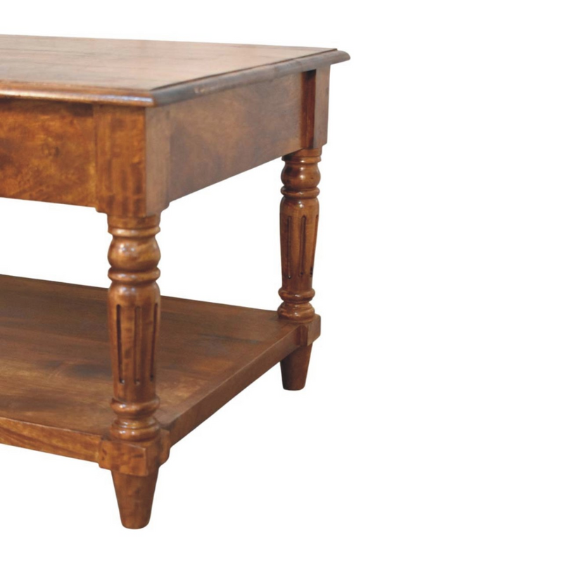 Artisan Furniture Solid Wood Turned Legs Chestnut Coffee Table, 2 Drawers and 1 Shelf, Dark Brown