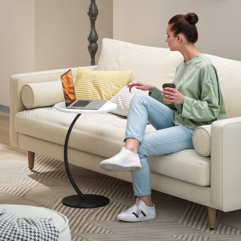 HOMCOM C Shaped Side Table, Round Bedside Table w/ Marble Effect Top, White