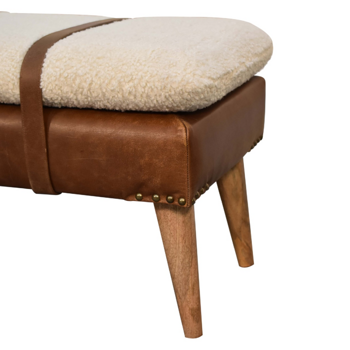 Artisan Furniture Solid Wood Boucle Buffalo Hide Leather Bench