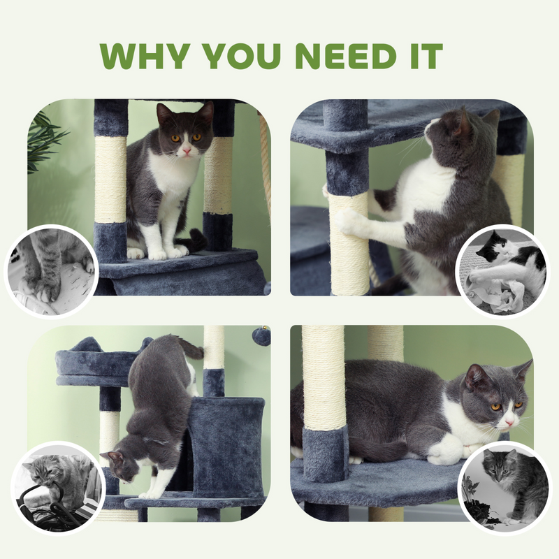 PawHut 206cm Cat Tree with Scratching Posts, Beds, Condos, Toys, Dark Grey