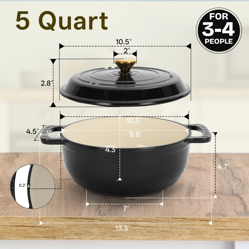 Cast iron 5QT cooking pot - Pure black - includes two silicone gloves - Enamel pot