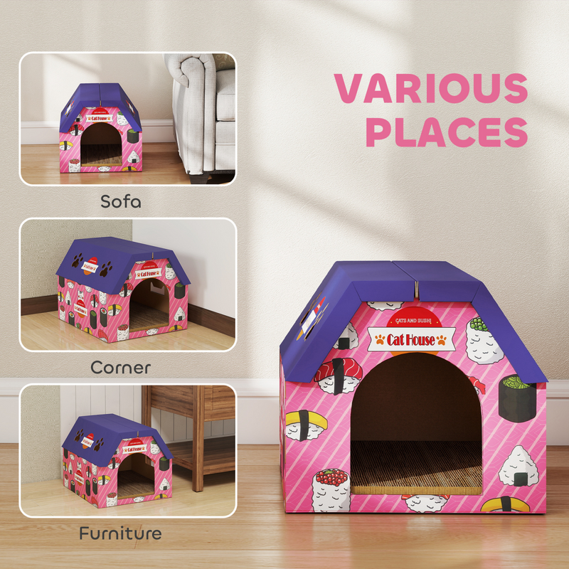 PawHut 2-in-1 Cat Scratching Board House with 4 Paw-Shaped Vents, Pink