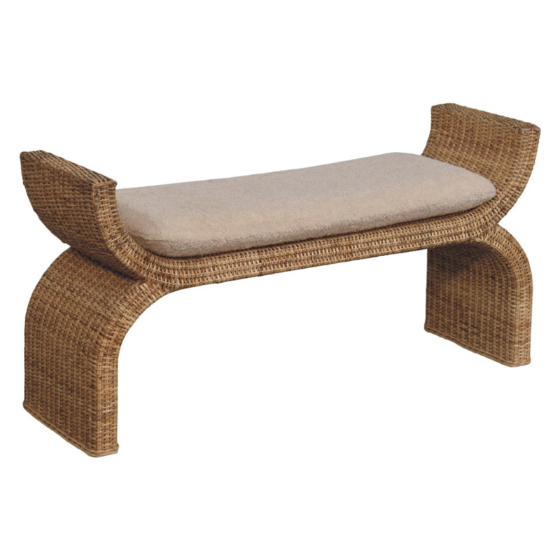 Artisan Furniture Solid Wood Rattan Weave Boucle Bench, Upholstered, Brown & Cream