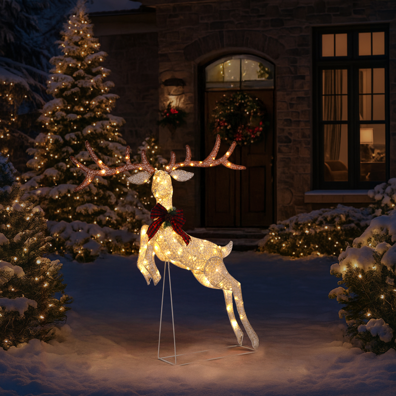 5FT Lighted Jumping Reindeer Christmas Decorations, Pre-lit Holiday Decor with 100 Warm White LED Lights for Xmas Outdoor Indoor Decor Lighted Holiday Displays