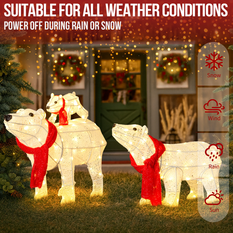 Set of 3 Lighted Polar Bear Family Christmas Decorations, Pre-lit Holiday Decor with 190 Warm White LED Lights for Xmas Outdoor Indoor Decor Lighted Holiday Displays, White