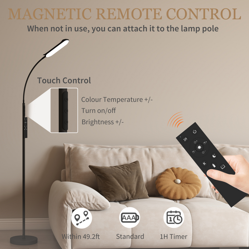 HOMCOM LED Floor Lamp for Living Room with Magnetic Remote Control, Black