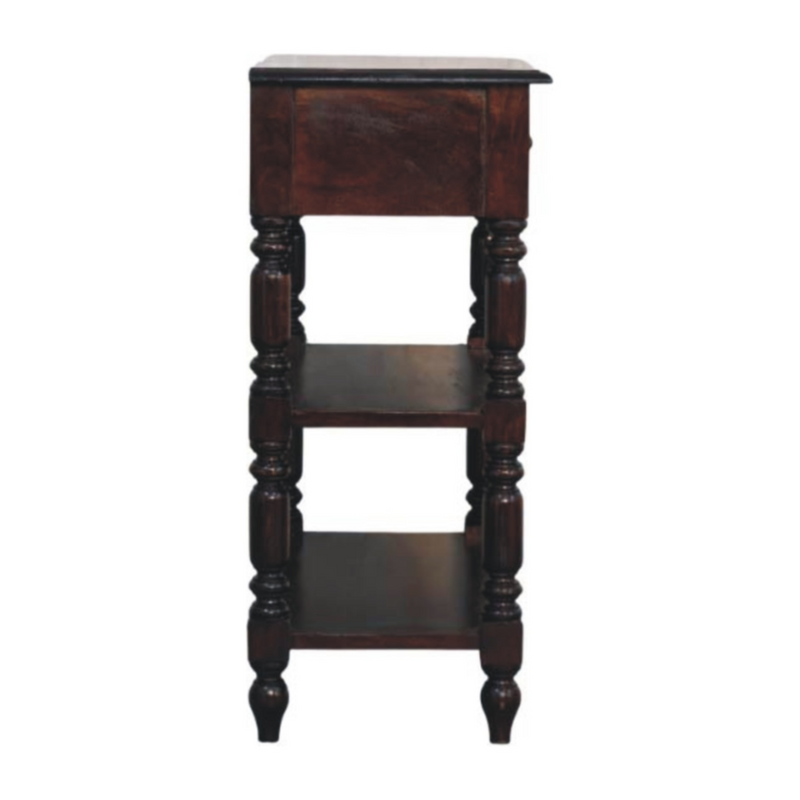 Artisan Furniture Solid Wood Turned legs Cherry Side Table, 2 Drawers, 2 Shelves, Dark Brown