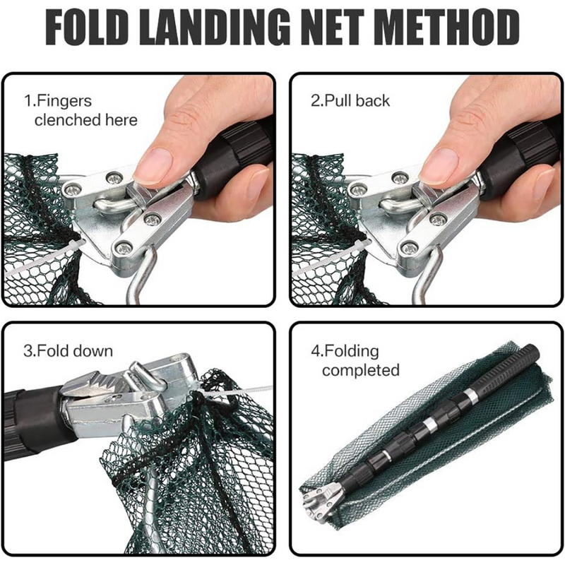 Folding Fishing Pole Landing Net Telescopic  Extending Fly Trout Carp Course Sea