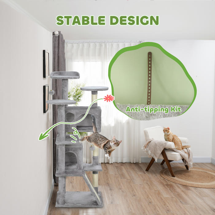 PawHut 138cm Cat Tree with Scratching Posts and Pad, Bed, Condos, Light Grey