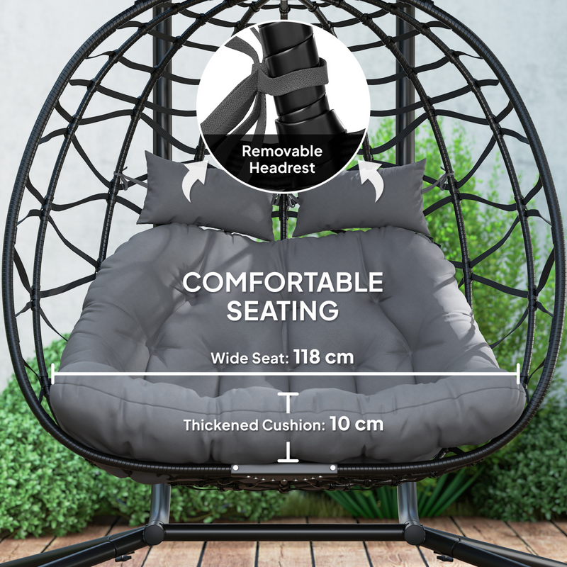 Outsunny Rattan Double Hanging Egg Chair with Canopy, Cushion, Black