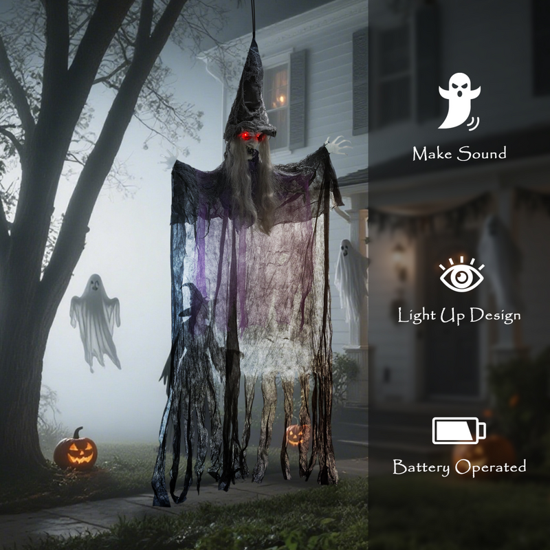 Outsunny Voice Activated Halloween Animatronics Hanging Witch, Purple