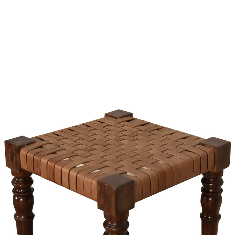 Artisan Furniture Solid Wood Woven Leather Footstool, Brown