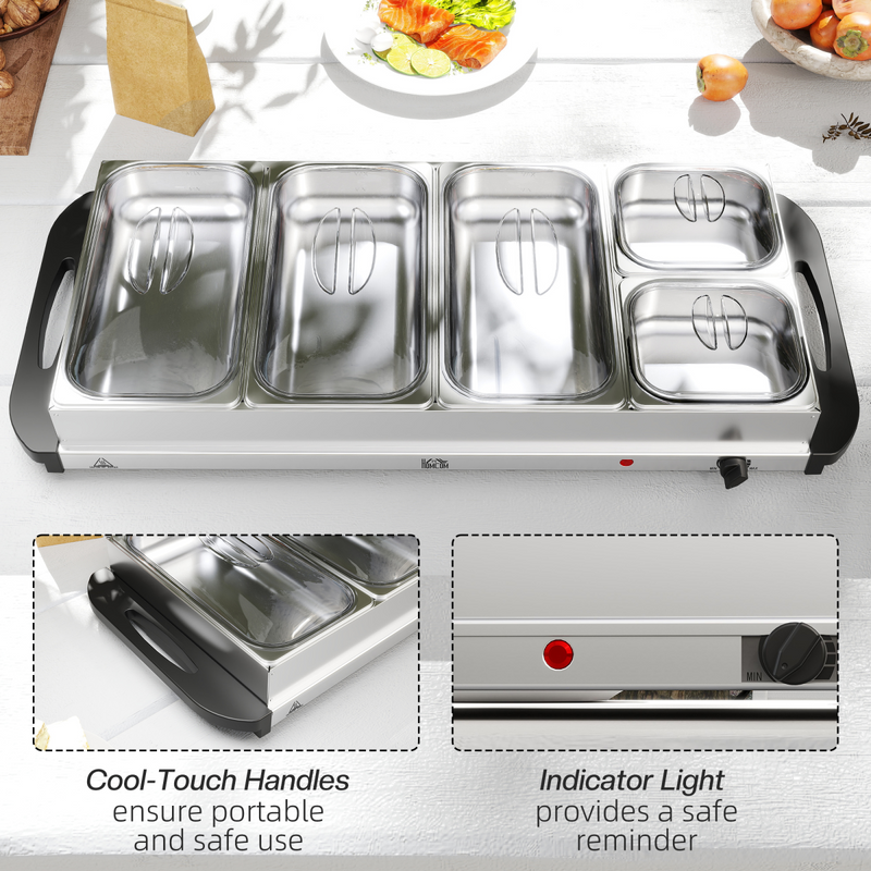 HOMCOM Electric Food Warmer 5 Tray, 9.2L Buffet Server with Lids, Silver
